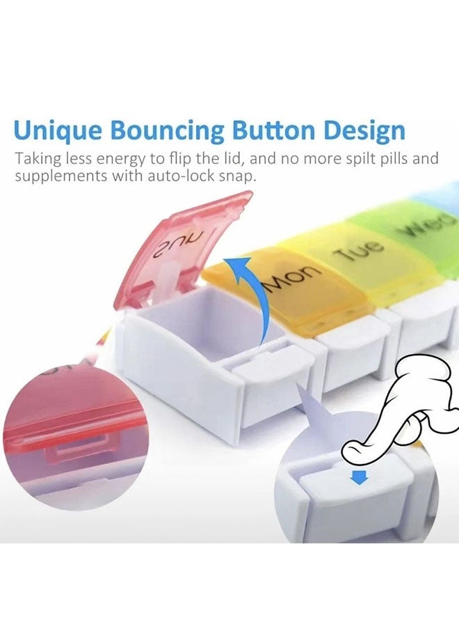 علبة حبوب أسبوعية مناسبة لمرضى التهاب المفاصل، خالية من مادة BPA، تتسع لـ 7 أيام، بتصميم يُفتح بنابض، وتحتوي على حجرة كبيرة لحفظ الفيتامينات وزيت كبد الحوت والمكملات الغذائية والأدوية. - Image 4